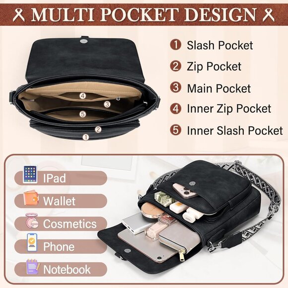 ⚡White Black Women PU Leather Crossbody Bag Wide Adjustable Strap Shoulder - Picture 4 of 8